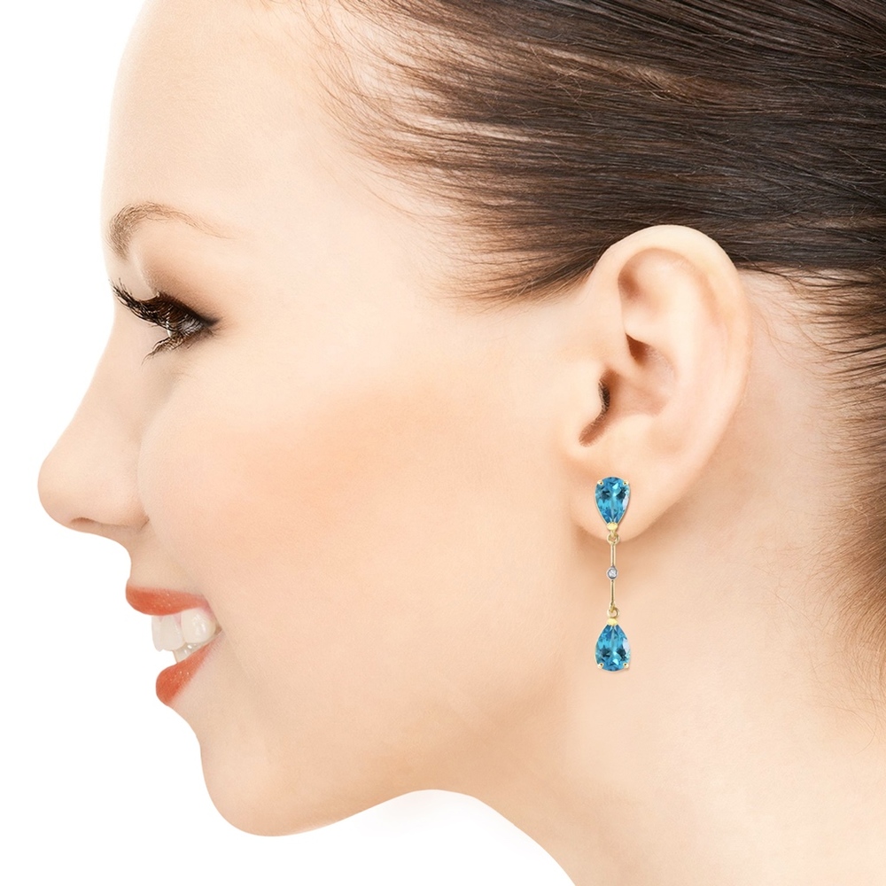 14K. GOLD DIAMONDS & BLUE TOPAZ DANGLING EARRING - Picture 2 of 4